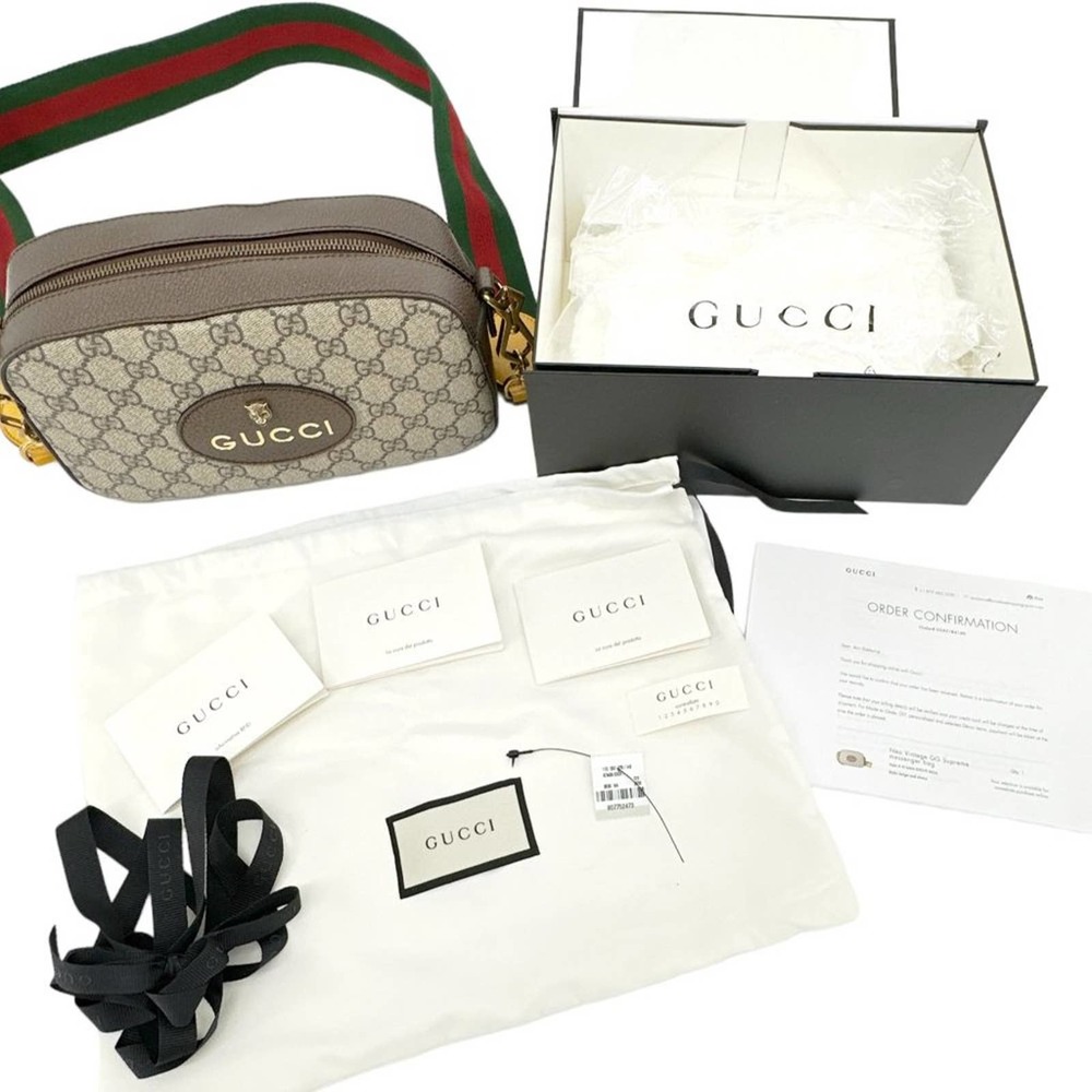 Gucci Beige GG Supreme Crossbody Bag with Green-Red Strap and Yellow Trim - Picture 12 of 14
